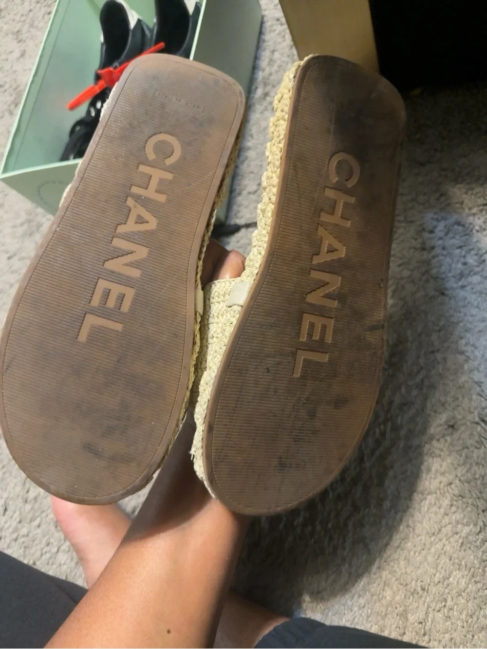 CHANEL Cream Braided Slide Sandals with Gold CC Detail